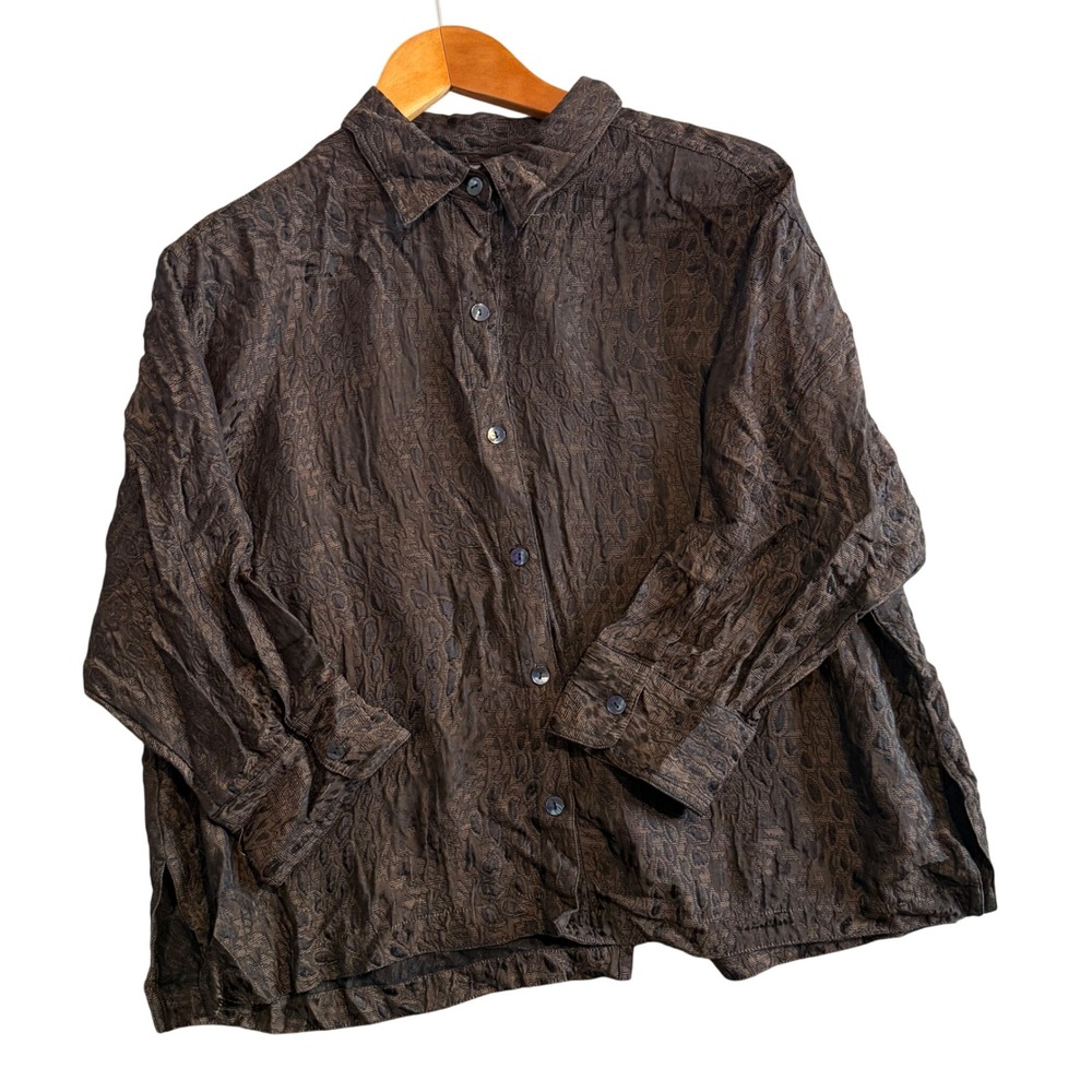 Chico's Button Down Silk Blend Top Size L Crinkle Textured Boxy Lagenlook
